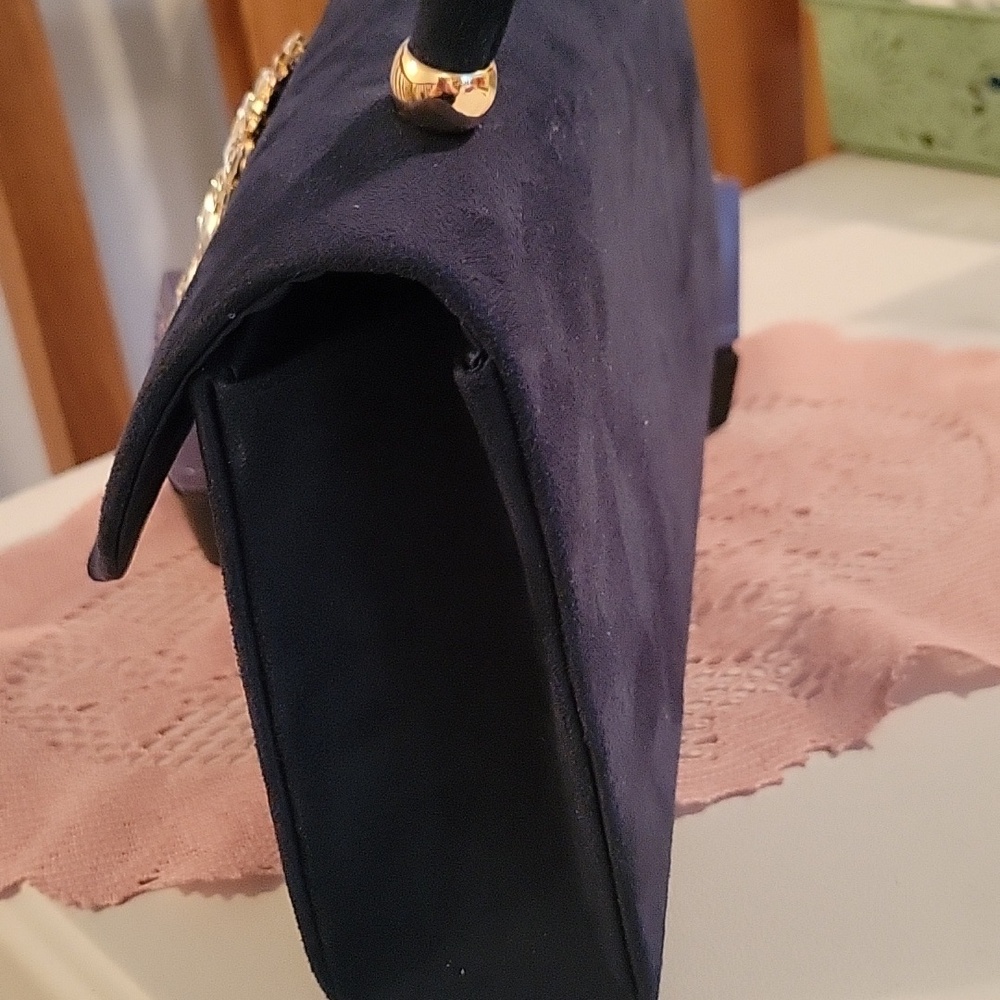 Navy Blue Velvet Rhinestone Evening Bag - Picture 6 of 7